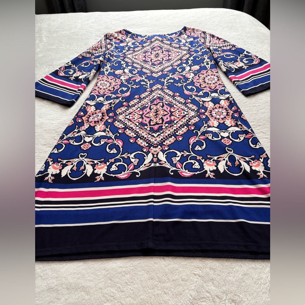 Jessica Howard Elegant Navy and Pink Patterned Shift Dress - Size 8 - Picture 9 of 12